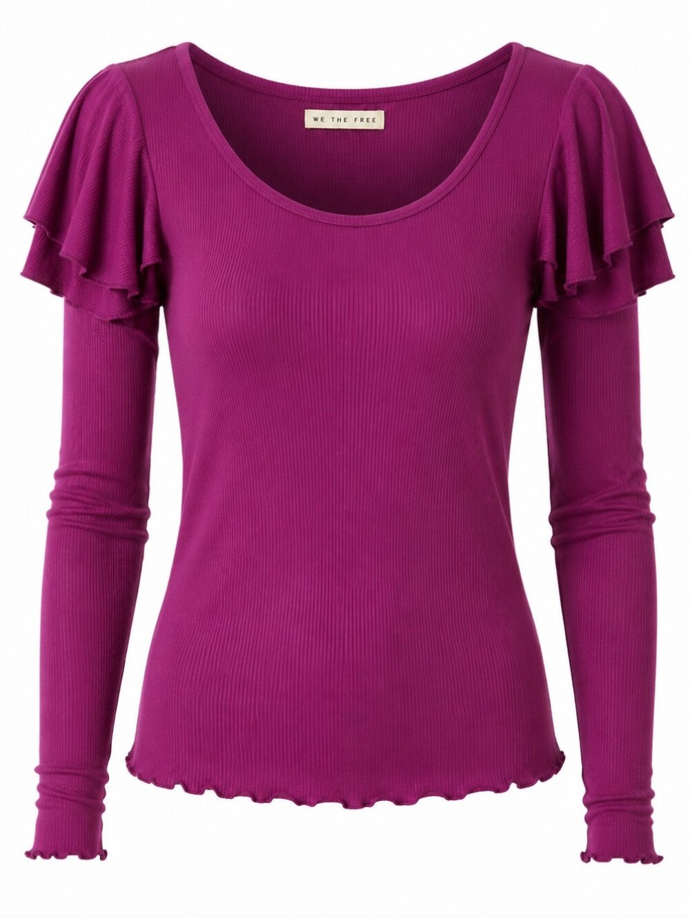 FREE PEOPLE | We The Free Feminine‎ Magenta Ribbed Ruffle Sleeve Blouse Top | XS